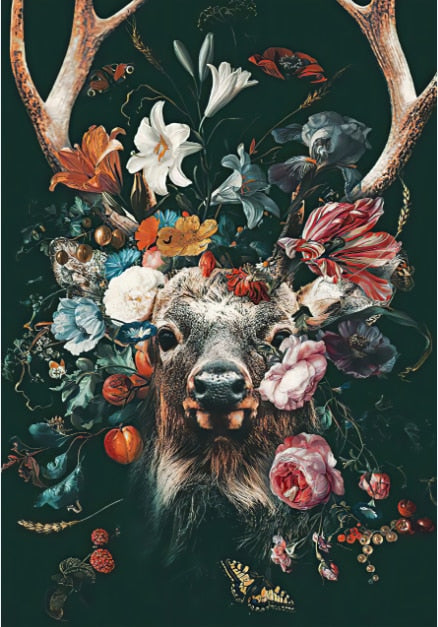 Deer Animal Flower Mural Poster