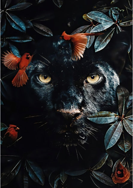 Black Panther Animal Flower Mural Poster
