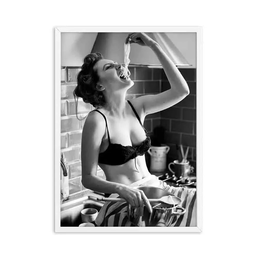 Women Eating Spaghetti Kitchen Decor Poster
