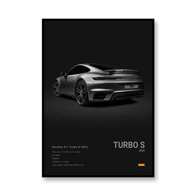 Porsche 911 Turbo S Minimalist Black White Car Poster