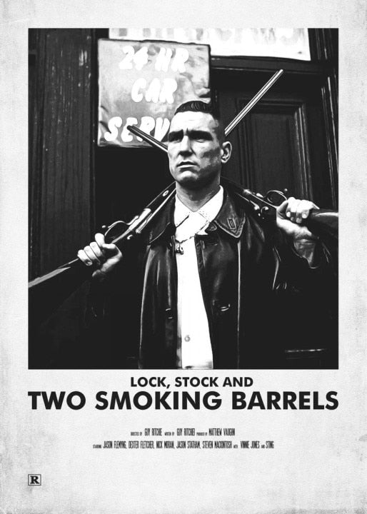 Lock Stock and Two Smoking Barrels Black White Minimalist Movie Poster