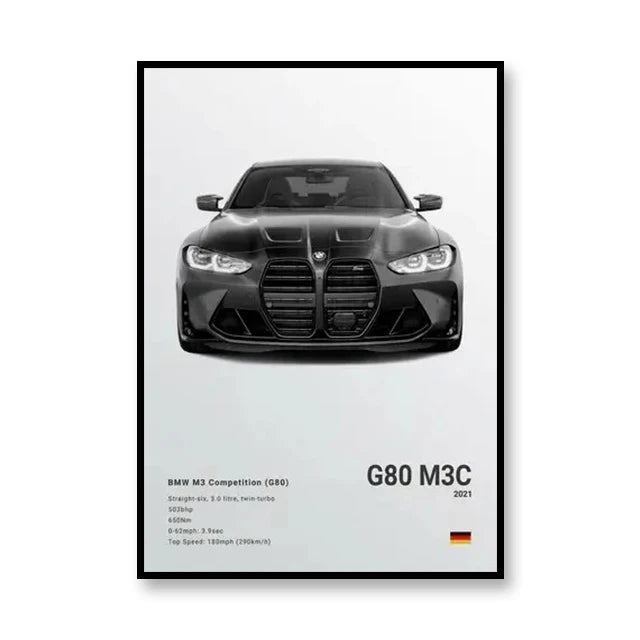BMW M3 Competition Minimalist Black and White Car Poster
