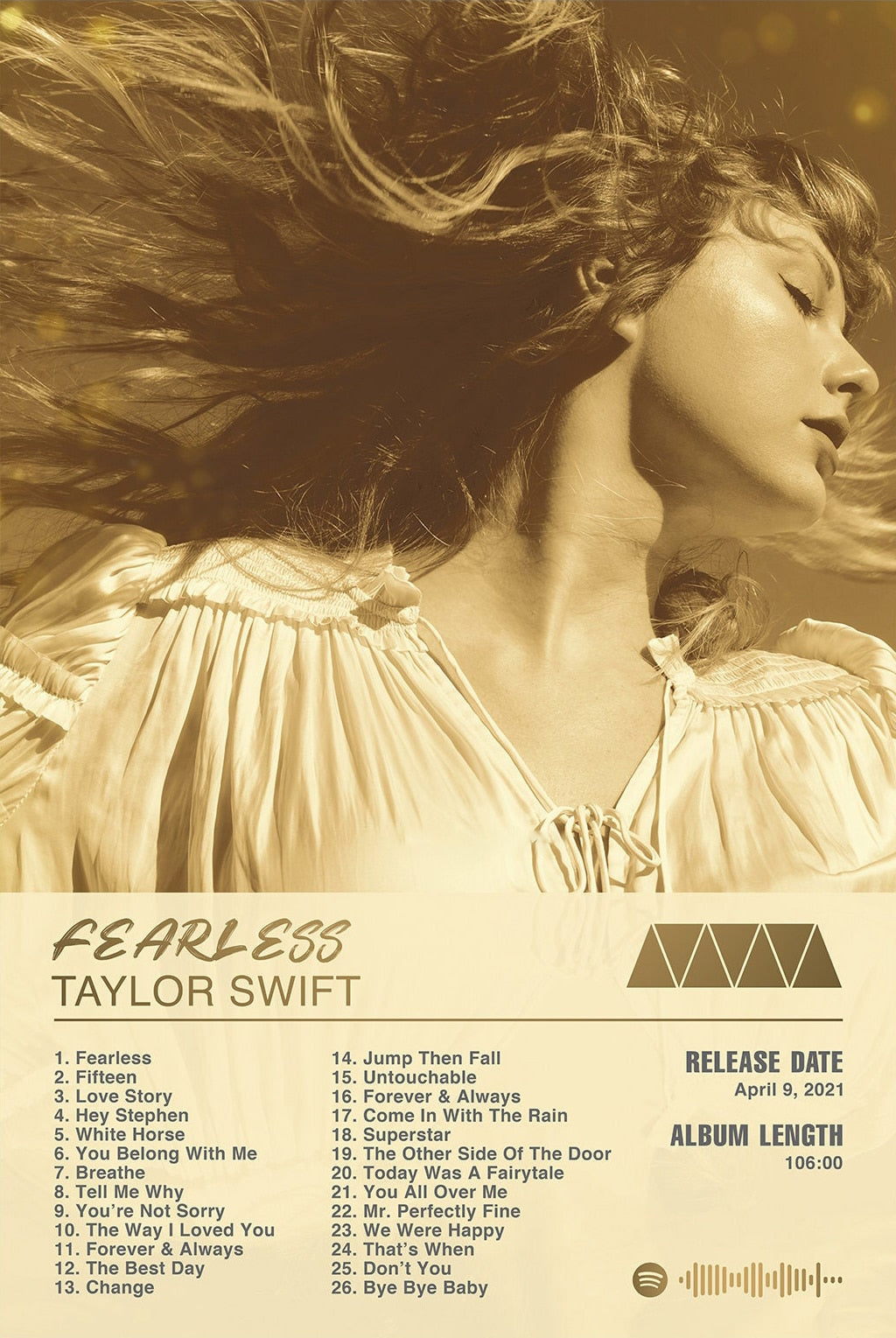 Fearless Taylor Swift Gold Minimalist Album Poster – Aesthetic Wall Decor