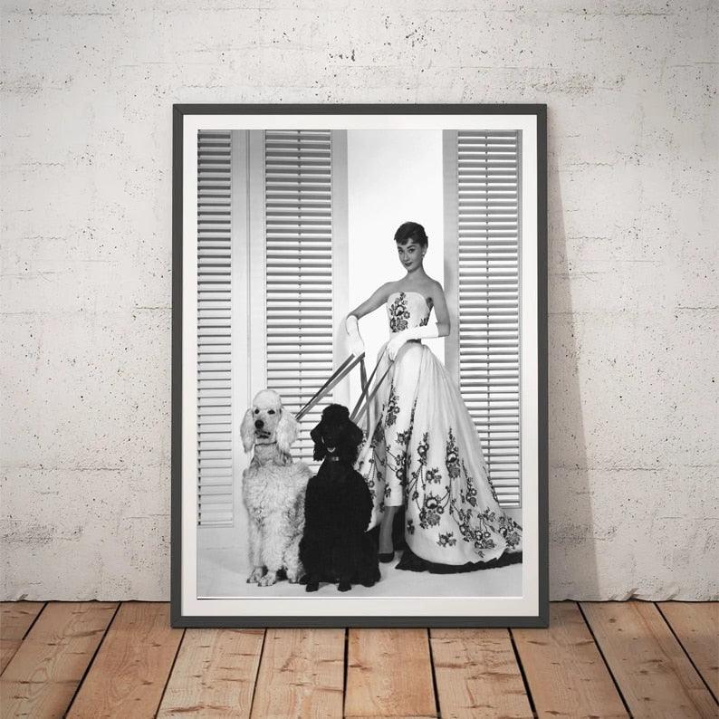 Audrey Hepburn Dogs Black and White Poster - Aesthetic Wall Decor