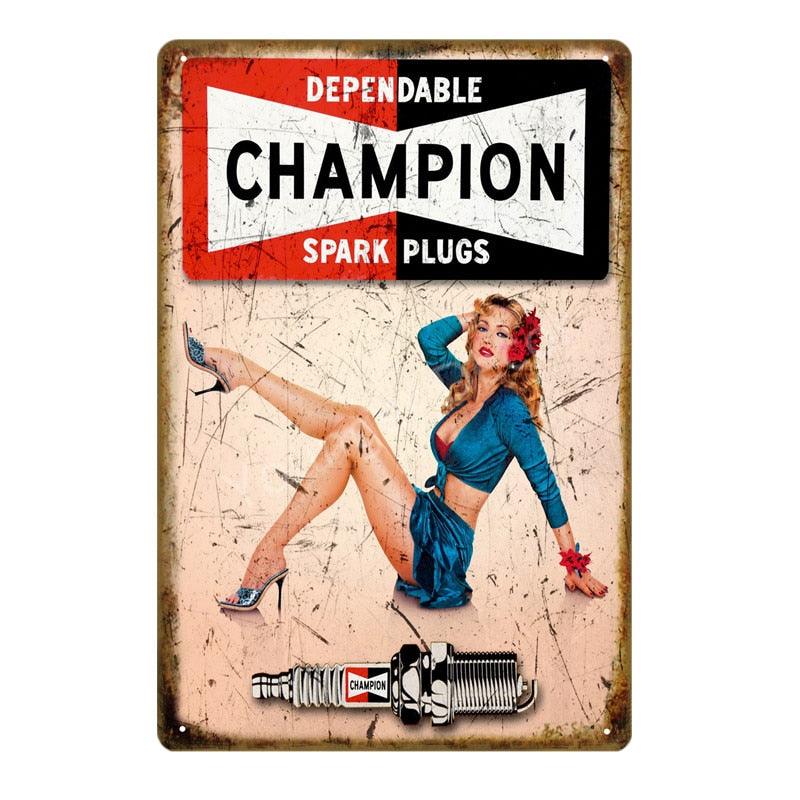 Champion Pin-up Girl Wall Art Vintage Mechanic Shop Metal Sign - Aesthetic Wall Decor