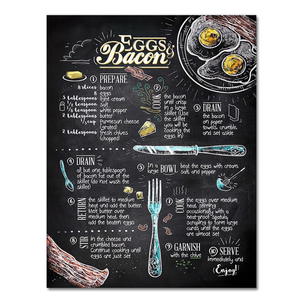Eggs and Bacon Cafe Diner Retro Recipe Wall Art Poster - Aesthetic Wall Decor