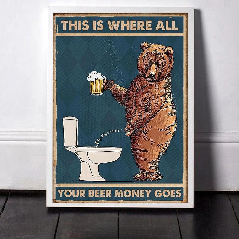 Grumpy Bear Peeing In Toilet Drinking Beer Funny Wall Art Poster - Aesthetic Wall Decor
