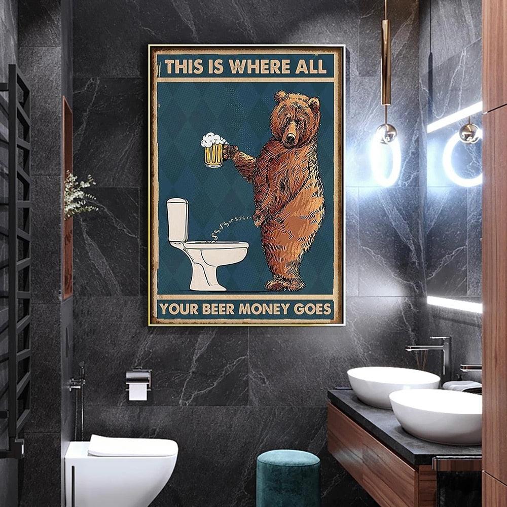 Grumpy Bear Peeing In Toilet Drinking Beer Funny Wall Art Poster - Aesthetic Wall Decor
