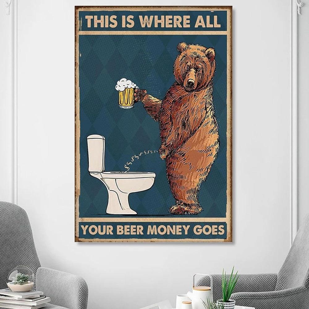 Grumpy Bear Peeing In Toilet Drinking Beer Funny Wall Art Poster - Aesthetic Wall Decor