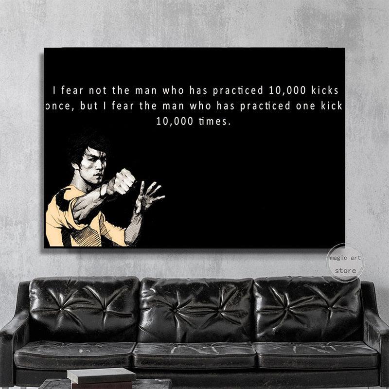 I Fear Not The Man That Practiced 10,000 Kicks Bruce Lee Motivational Quote Poster - Aesthetic Wall Decor