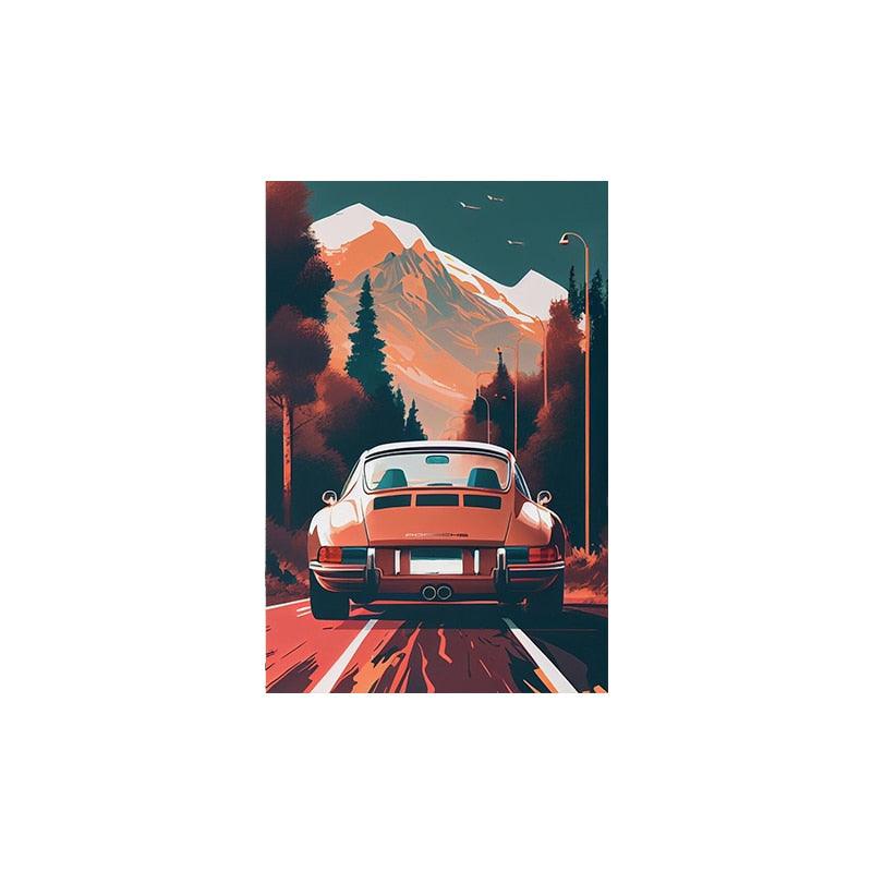 Red Porsche Mountain Sports Car Painting Poster - Aesthetic Wall Decor