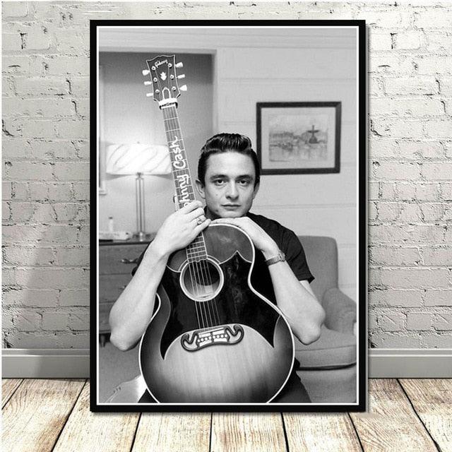 Young Johnny Cash Black White Guitar Poster - Aesthetic Wall Decor