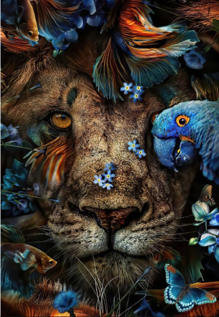 Lion Parrot Animal Flower Mural Poster