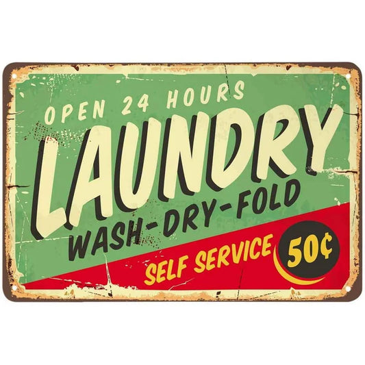 Open 24 Hours Retro Laundry Metal Sign Poster