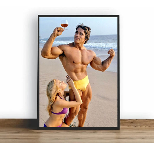 Arnold Schwarzenegger With Model On Beach Bodybuilding Poster