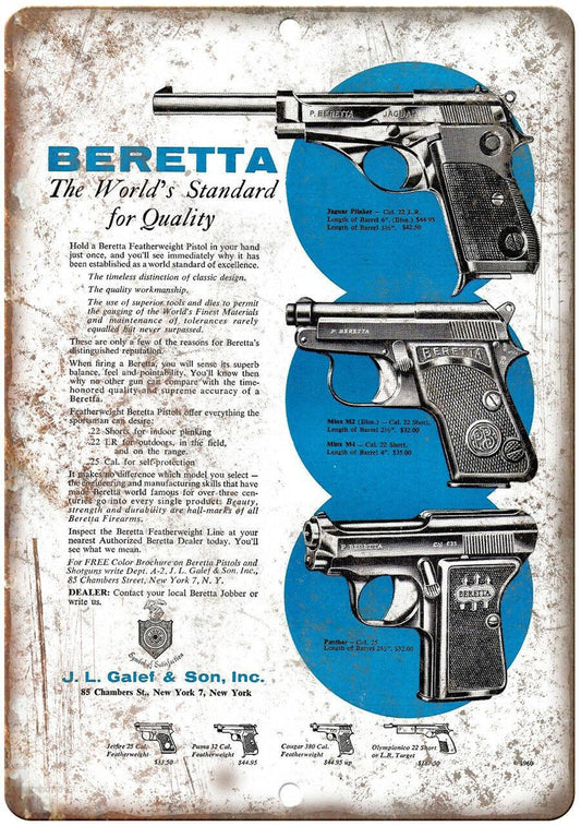 Beretta Handgun Vintage Ad Metal Sign - Aesthetic Wall Decor