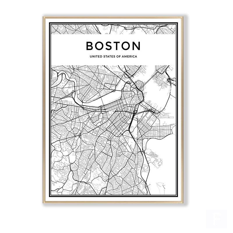 Boston Massachusetts Black and White Minimalist Map Wall Art Poster - Aesthetic Wall Decor
