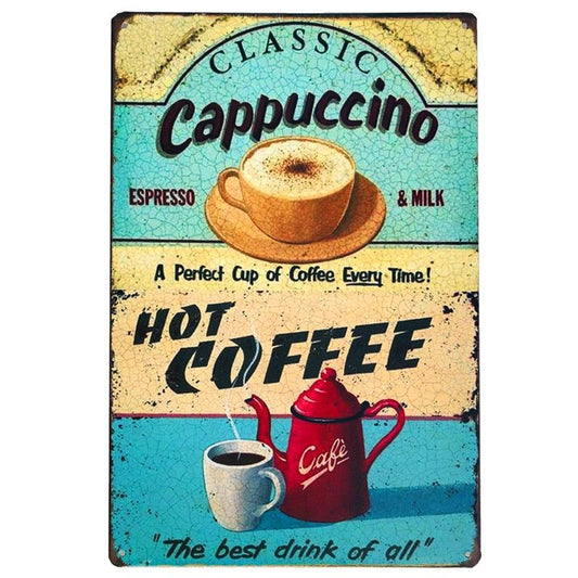 Classic Cappuccino Coffee Vintage Cafe/Diner Art Metal Sign - Aesthetic Wall Decor