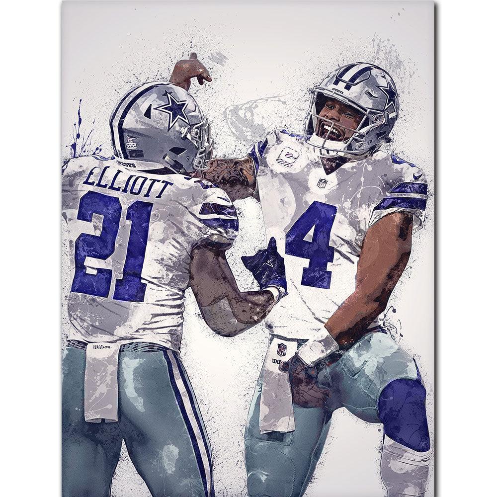 Dak Prescott and Ezekiel Elliot Cowboys NFL Football Splash Print Poster - Aesthetic Wall Decor