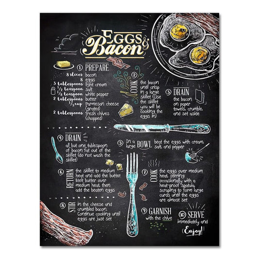 Eggs and Bacon Cafe Diner Retro Recipe Wall Art Poster - Aesthetic Wall Decor