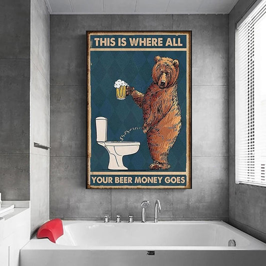 Grumpy Bear Peeing In Toilet Drinking Beer Funny Wall Art Poster - Aesthetic Wall Decor