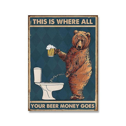 Grumpy Bear Peeing In Toilet Drinking Beer Funny Wall Art Poster - Aesthetic Wall Decor