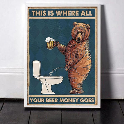 Grumpy Bear Peeing In Toilet Drinking Beer Funny Wall Art Poster - Aesthetic Wall Decor