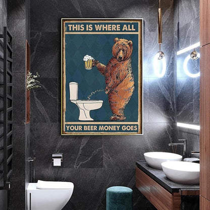 Grumpy Bear Peeing In Toilet Drinking Beer Funny Wall Art Poster - Aesthetic Wall Decor