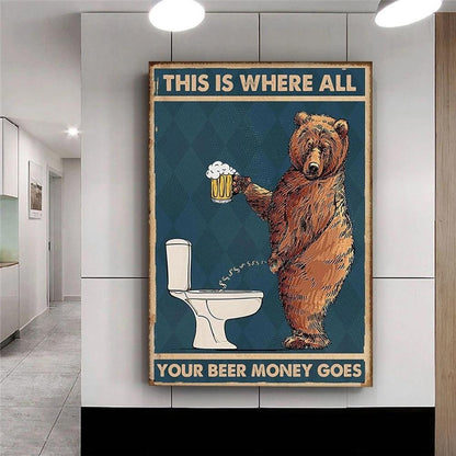 Grumpy Bear Peeing In Toilet Drinking Beer Funny Wall Art Poster - Aesthetic Wall Decor