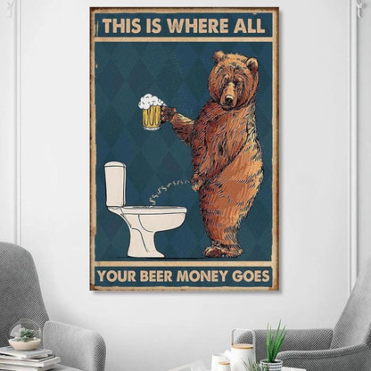 Grumpy Bear Peeing In Toilet Drinking Beer Funny Wall Art Poster - Aesthetic Wall Decor