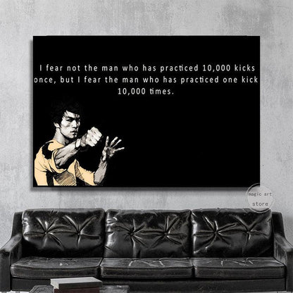 I Fear Not The Man That Practiced 10,000 Kicks Bruce Lee Motivational Quote Poster - Aesthetic Wall Decor