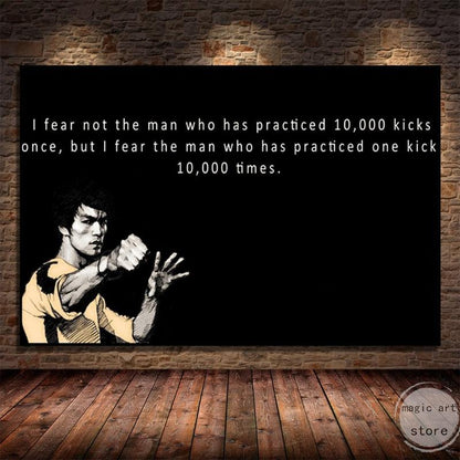 I Fear Not The Man That Practiced 10,000 Kicks Bruce Lee Motivational Quote Poster - Aesthetic Wall Decor