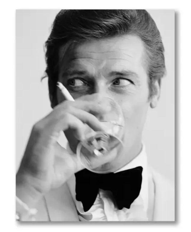 Roger Moore James Bond With A Drink and a Cigarette Canvas Print Poster - Aesthetic Wall Decor