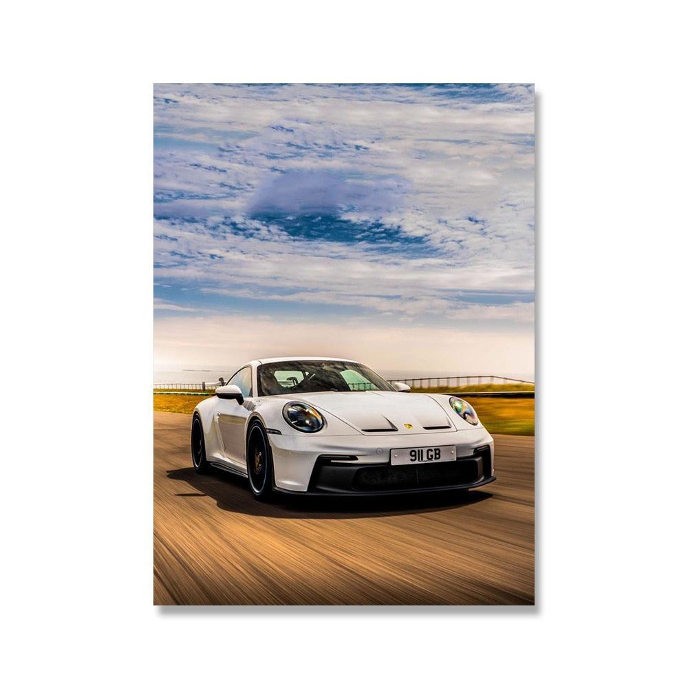 White Porsche On Track Super Car Poster - Aesthetic Wall Decor